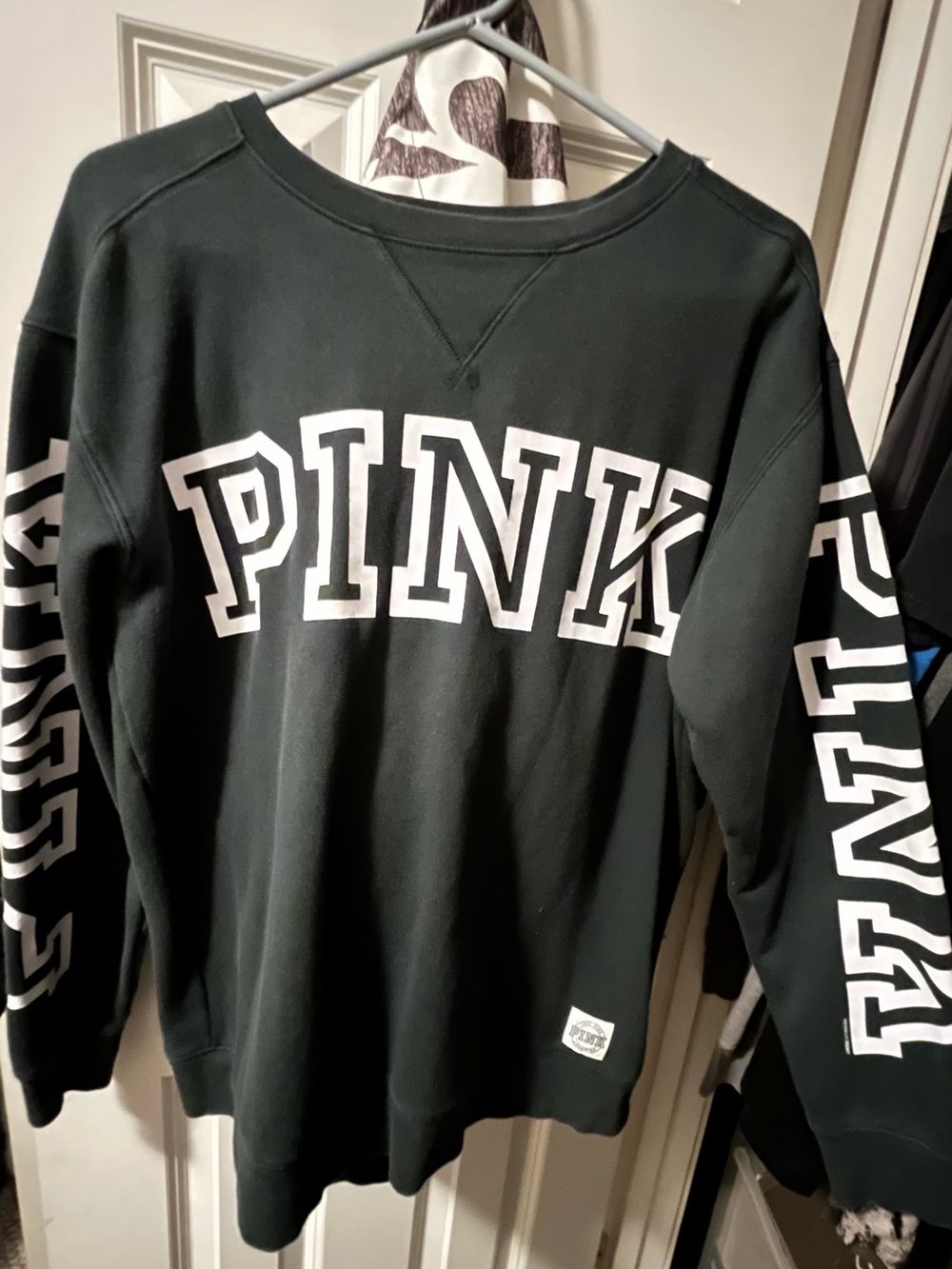 PINK Victoria's Secret Dark Green Crewneck Sweatshirt with White Logo
